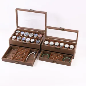 Wooden Watch Box Jewelry Organizer Display Storage Case Clear Glass Window Dual Layer Lockable Watch Holder For Men Women
