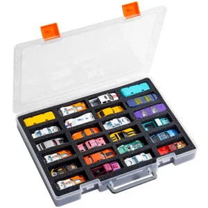 Vitrine de rangement portable pour voitures miniatures 1:64 en plastique transparent et mousse.