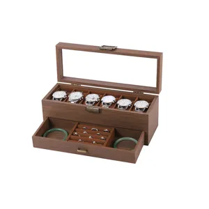Wooden watch and jewelry storage box with clear glass lid, dual layer display organizer.