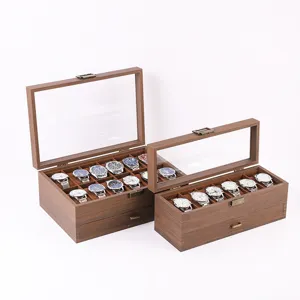 Wooden watch box storage display case with glass lid and drawer organizer for multiple watches.