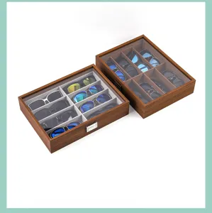 Wooden sunglasses storage box with 8 grids and clear glass lid, multi-functional organizer detail.