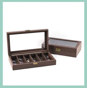 Caja de almacenamiento de gafas de madera con tapa de cristal, vitrina organizadora múltiple.