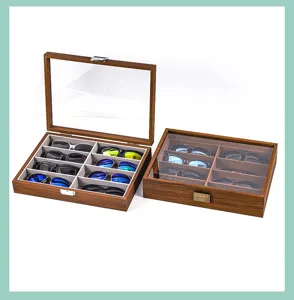 Walnut wood 8-grid sunglasses storage box eyewear organizer display case detail view