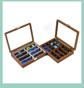 Wooden sunglasses storage box with clear glass lid, 8 grids organizer for eyewear collection.