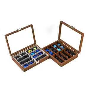 Wooden sunglasses storage box with glass lid 8 grid glasses organizer display case stand