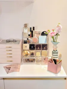 Clear acrylic trapezoid cosmetic organizer desktop makeup storage display stand rack for vanity.