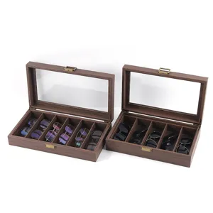 Caja de almacenamiento de gafas de sol de madera con tapa de cristal de 6 rejillas