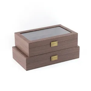 Caja de almacenamiento de gafas de cuero con grano de madera tapa transparente
