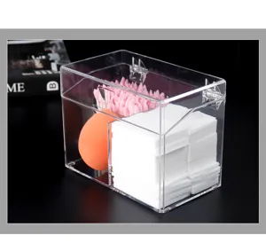 Clear acrylic makeup pad storage box with dustproof lid, cosmetic organizer for cotton pads.