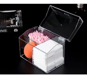 Clear acrylic makeup organizer with lid, cotton pad and swab storage box for vanity.