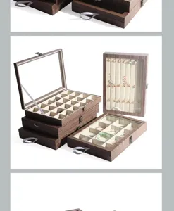 Vintage wooden jewelry box multi-tier storage organizer case for earrings and necklaces.