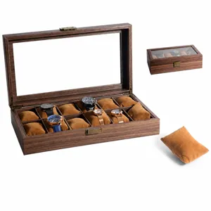 Braune Holzmaserung 12er Uhrenbox Uhrenkoffer mit Glasdeckel und weichen Samtkissen.