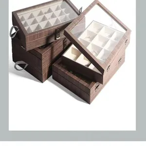 Vintage wooden jewelry box with glass lid, multi-compartment ring and earring storage organizer.