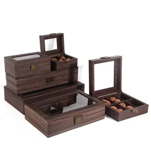Scatola Portaoggetti in Pelle Noce Antipolvere Con Coperchio in Vetro Trasparente Organizer a Griglie Multiple per Oggetti Vari e Collezionabili