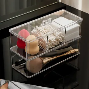 Clear acrylic makeup organizer box with multi-compartments for cosmetic storage and daily use.