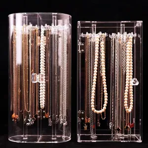 Transparent Acrylic Necklace Storage Box Dustproof Rotating Jewelry Display Stand Desktop Organizer For Women Girls