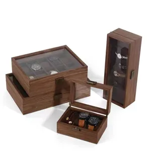 Walnut wood watch storage box vintage jewelry display case with glass lid for collection