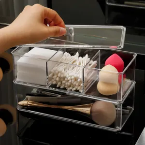 Clear acrylic makeup organizer with lid, stackable desktop storage box for cotton pads.