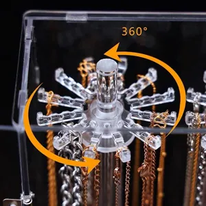 Transparent acrylic rotating jewelry organizer with 360 degree rotatable necklace display stand.