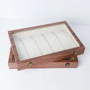 Wooden velvet necklace display box with clear glass lid, stacked main product view.