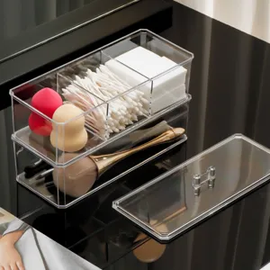 Clear acrylic cosmetic storage box with lid, desktop makeup organizer for pads and swabs.