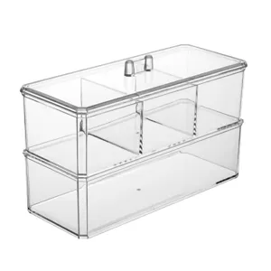 Clear acrylic makeup organizer box with lid, double tier stackable cosmetic storage.