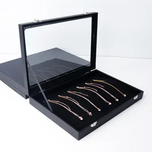 Black velvet jewelry box glass lid necklace display case storage organizer for store counter