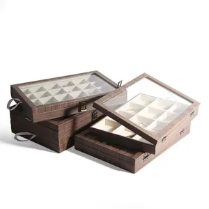 Retro wood grain jewelry box with clear glass lid, multi-compartment velvet organizer case.