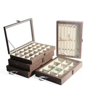 Retro wood jewelry box with glass lid, multi-layer earrings and ring storage organizer.