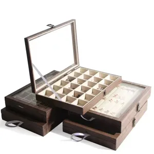 Vintage wood grain jewelry box, multi-layer display case with glass lid for rings and necklaces.