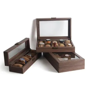 Holzmaserung Leder Uhrenbox Schmuck Aufbewahrung Organizer Mit Glasfenster Weiche Kissen Uhren Vitrine Für Herren Damen