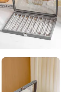 Grey wooden jewelry box with glass lid, multi-slot velvet organizer for pearls and necklaces.