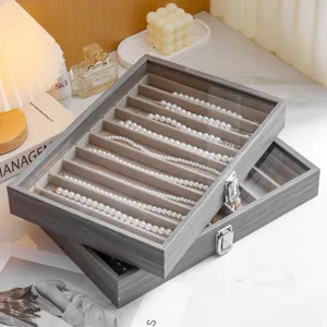 Modern Minimalist Jewelry Box Wooden Glass Top Necklace Storage Organizer Gray Desktop Display Case With Multiple Slots