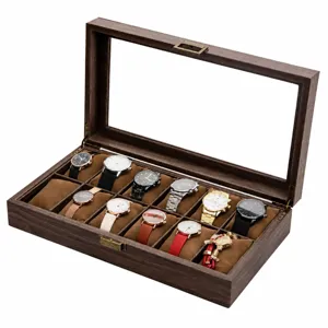 Wooden watch display box with glass lid 12 slots vintage jewelry storage organizer