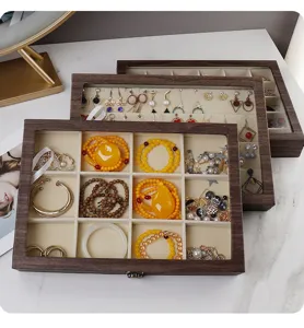 Wooden jewelry organizer box with glass lid, multi-grid storage for earrings, rings and bracelets.