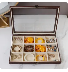 Wooden jewelry storage box with glass lid, velvet multi-grid organizer for rings, bracelets.