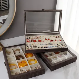 Large Capacity Jewelry Box Wood Grain Leather Ring 30 Grid Storage Organizer With Glass Lid And Retro Metal Clasp