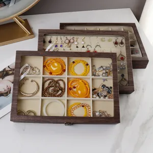 Wooden jewelry box with glass lid, large capacity multi-compartment organizer for earrings and rings.