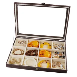 Large capacity jewelry box with glass lid, wooden storage organizer for rings, earrings, and bracelets.