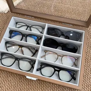 Wooden 8-grid glasses storage box, large capacity sunglasses display case organizer.