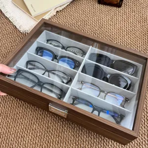 Black walnut 8 grid wooden sunglasses storage box with clear glass lid and soft velvet interior.