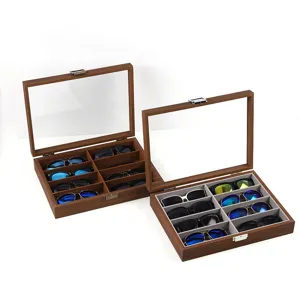 Black walnut 8-grid sunglasses storage box with glass lid for home collection display.