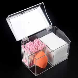 Clear acrylic cotton swab and pad organizer box with lid for makeup storage and desktop display