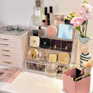 Clear acrylic makeup organizer tiered cosmetic display stand for lipstick perfume palette vanity desk
