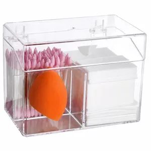 Transparent acrylic makeup organizer storage box with dustproof lid for cotton pads and swabs