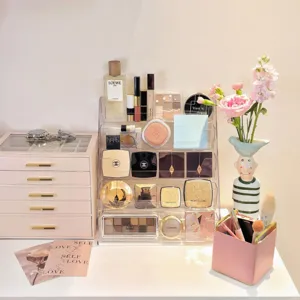 Clear acrylic tiered makeup organizer desktop cosmetic display stand for lipstick and palette storage