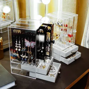 Boîte de Rangement à Bijoux en Plastique Transparent Multicouche Anti-Poussière Organisateur de Boucles d'Oreilles Avec Tiroirs Pour Accessoires de Bureau à Domicile