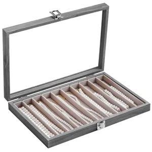 Grey Wooden Jewelry Box with Glass Lid Velvet Interior for Pearl Necklaces and Bracelets