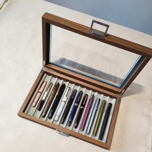Houten Vulpen Display Opbergdoos Met Transparant Glas Venster Metalen Slot Houtnerf Pen Organizer Etui Voor Kantoor