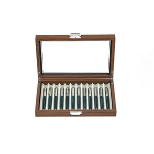 Luxe houten vulpen display doos met glazen venter en 12 sleuven voor kantoor en verzameling opslag.
